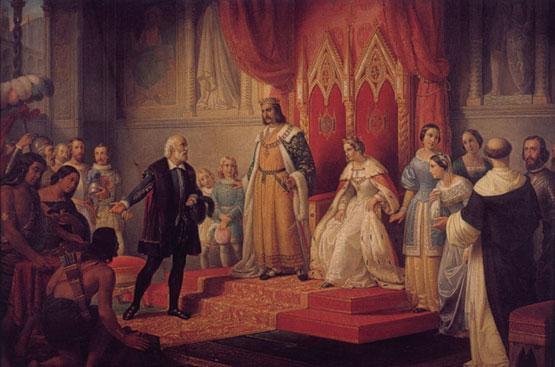 Columbus presents slaves to Spanish Queen